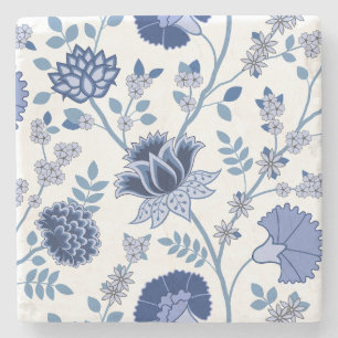 Jacobean Floral Lg Pattern Blue on White Stone Coaster