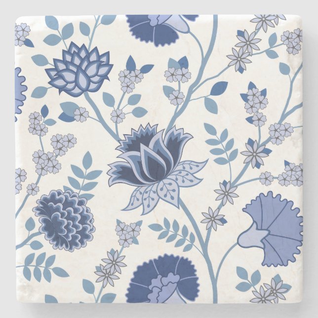 Jacobean Floral Lg Pattern Blue on White Stone Coaster (Front)