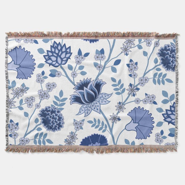 Jacobean Floral Lg Pattern Blue on White Throw Blanket (Front)
