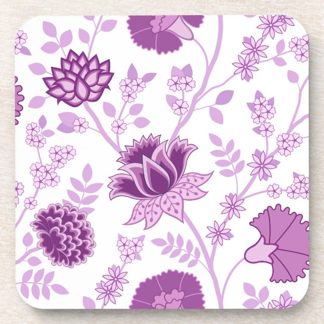 Jacobean Floral Lg Pattern Pinks on White Coaster (Front)