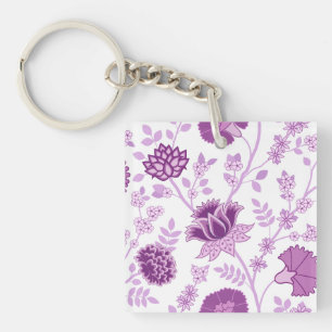 Jacobean Floral Lg Pattern Pinks on White Keychain