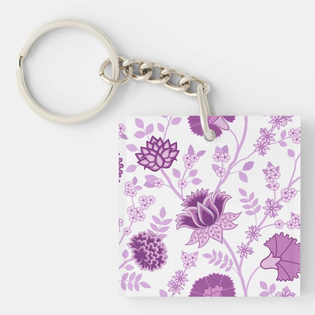 Jacobean Floral Lg Pattern Pinks on White Keychain (Front)