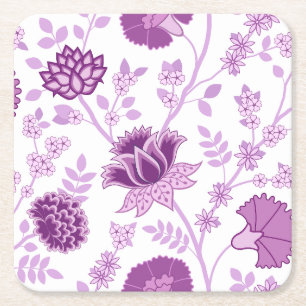 Jacobean Floral Lg Pattern Pinks on White Square Paper Coaster