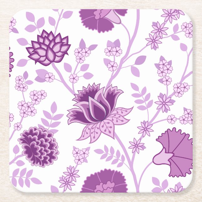 Jacobean Floral Lg Pattern Pinks on White Square Paper Coaster (Front)