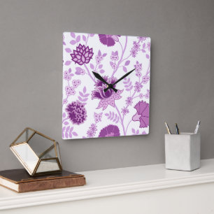 Jacobean Floral Lg Pattern Pinks on White Square Wall Clock