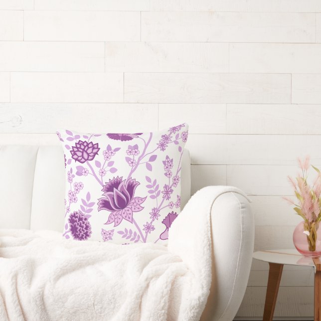 Jacobean Floral Lg Pattern Pinks on White Throw Pillow (Couch)