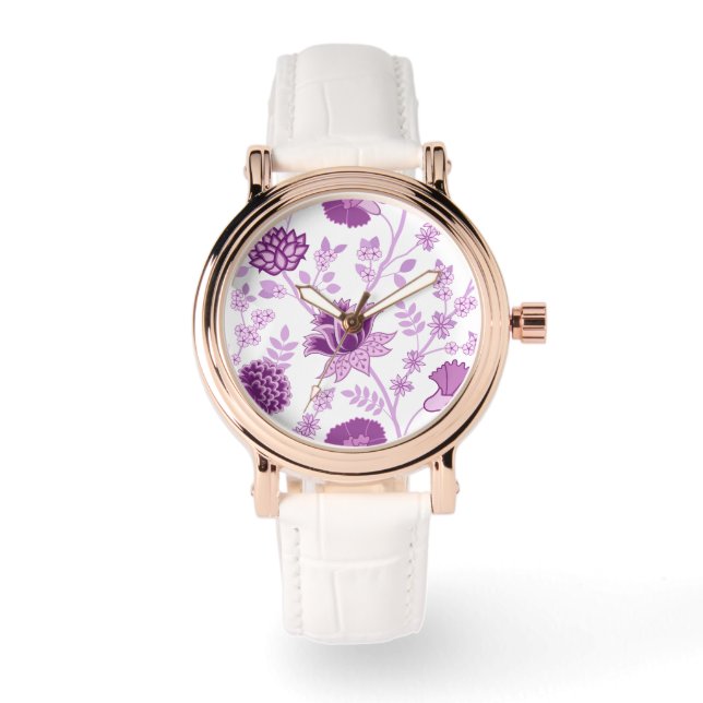Jacobean Floral Lg Pattern Pinks on White Watch (Front)