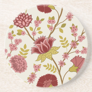 Jacobean Floral Lg Pattern Reds Pinks Gold Cream Coaster