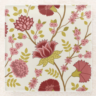 Jacobean Floral Lg Pattern Reds Pinks Gold Cream Glass Coaster