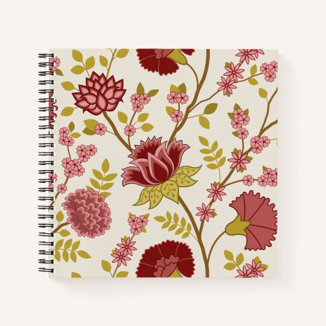 Jacobean Floral Lg Pattern Reds Pinks Gold Cream Notebook (Front)