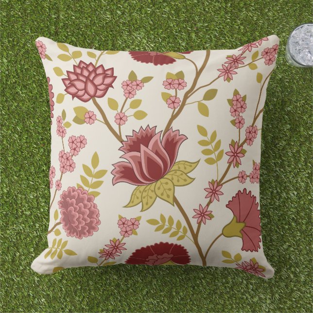 Jacobean Floral Lg Pattern Reds Pinks Gold Cream Outdoor Pillow (Grass)