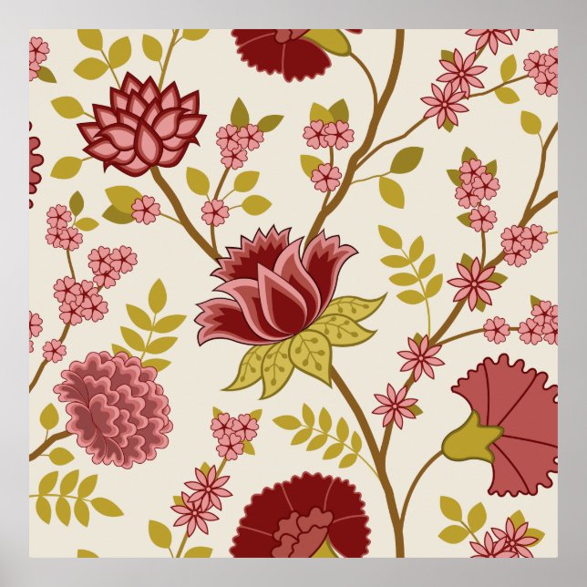 Jacobean Floral Lg Pattern Reds Pinks Gold Cream Poster (Front)