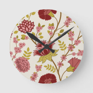 Jacobean Floral Lg Pattern Reds Pinks Gold Cream Round Clock