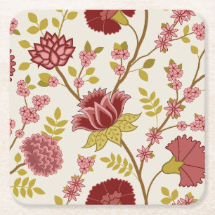 Jacobean Floral Lg Pattern Reds Pinks Gold Cream Square Paper Coaster