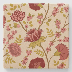 Jacobean Floral Lg Pattern Reds Pinks Gold Cream Stone Coaster