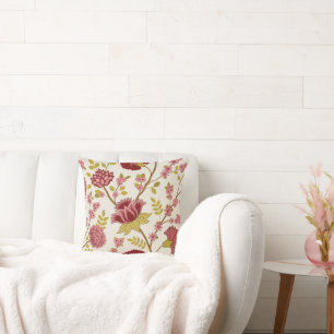 Jacobean Floral Lg Pattern Reds Pinks Gold Cream Throw Pillow