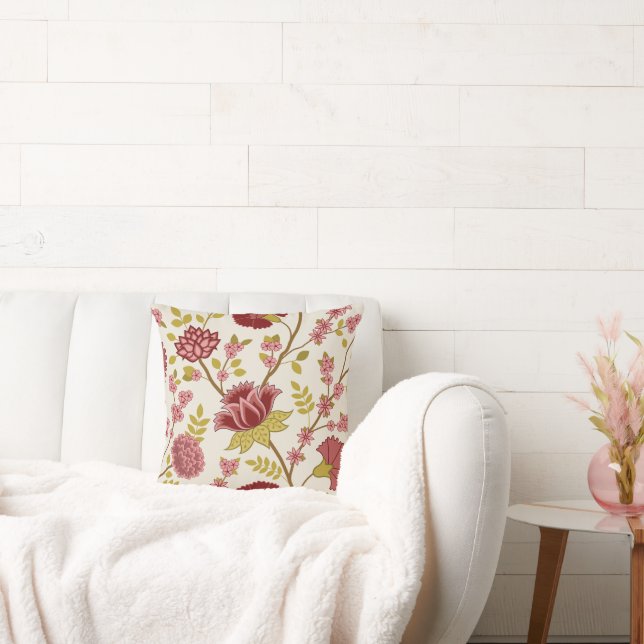 Jacobean Floral Lg Pattern Reds Pinks Gold Cream Throw Pillow (Couch)