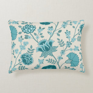 Jacobean Floral Lg Pattern Teals on Cream Accent Pillow