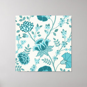 Jacobean Floral Lg Pattern Teals on Cream Canvas Print