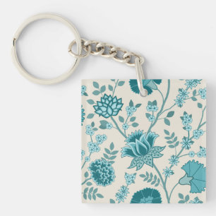 Jacobean Floral Lg Pattern Teals on Cream Keychain