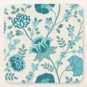 Jacobean Floral Lg Pattern Teals on Cream Square Paper Coaster