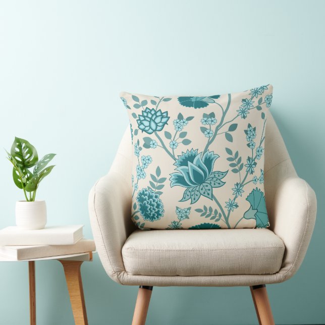Jacobean Floral Lg Pattern Teals on Cream Throw Pillow (Chair)