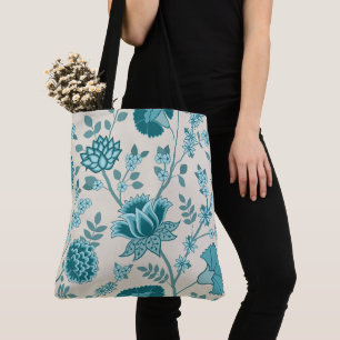 Jacobean Floral Lg Pattern Teals on Cream Tote Bag