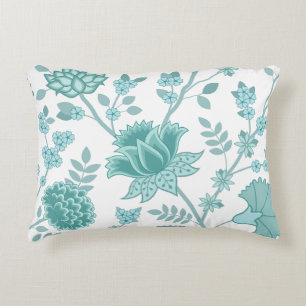 Jacobean Floral Lg Pattern Teals on White Accent Pillow