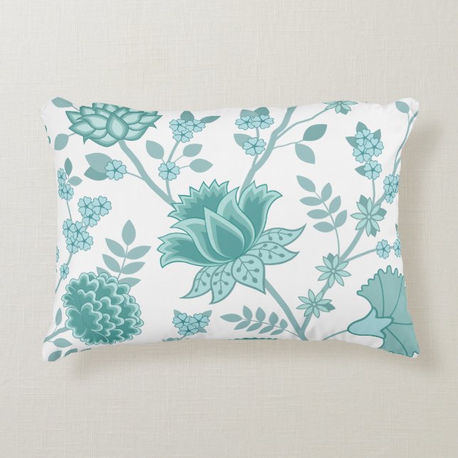 Jacobean Floral Lg Pattern Teals on White Accent Pillow (Front)