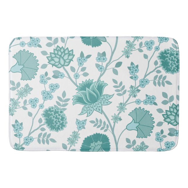 Jacobean Floral Lg Pattern Teals on White Bath Mat (Front)