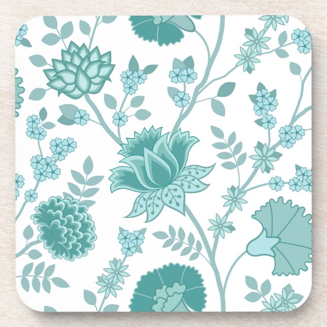 Jacobean Floral Lg Pattern Teals on White Coaster (Front)