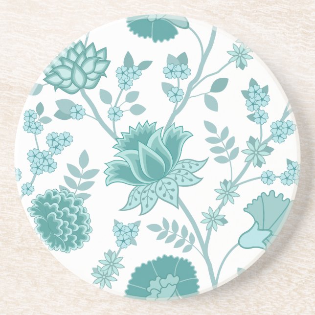 Jacobean Floral Lg Pattern Teals on White Coaster (Front)