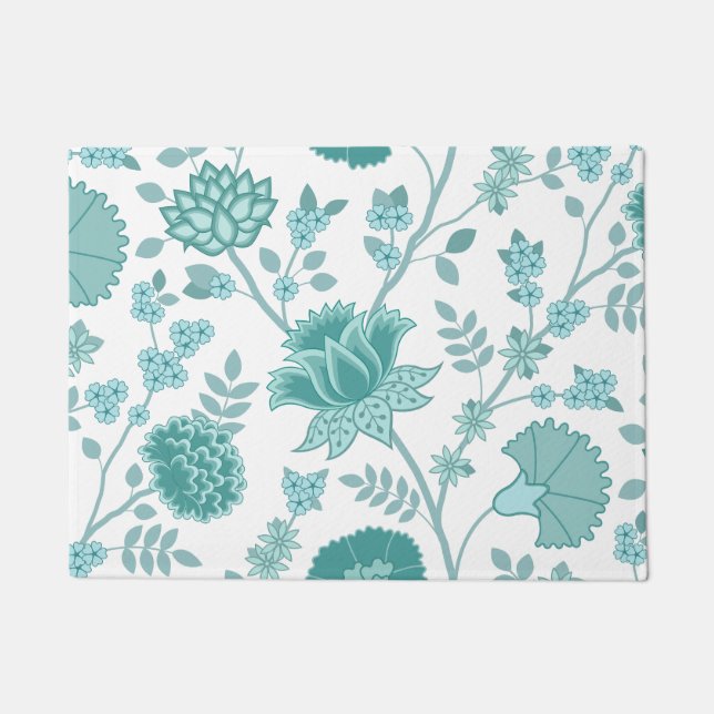Jacobean Floral Lg Pattern Teals on White Doormat (Front)