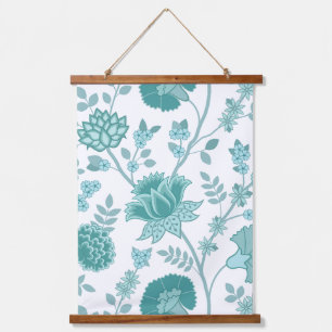 Jacobean Floral Lg Pattern Teals on White Hanging Tapestry