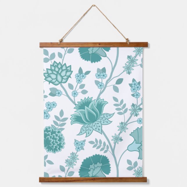 Jacobean Floral Lg Pattern Teals on White Hanging Tapestry (Front)