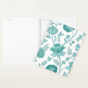 Jacobean Floral Lg Pattern Teals on White Planner