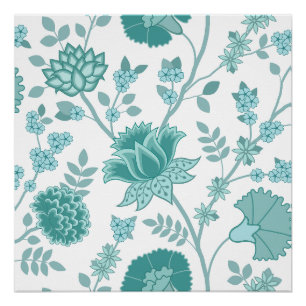 Jacobean Floral Lg Pattern Teals on White Poster