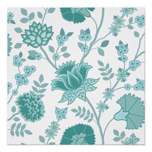 Jacobean Floral Lg Pattern Teals on White Poster (Front)