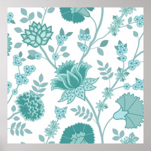 Jacobean Floral Lg Pattern Teals on White Poster
