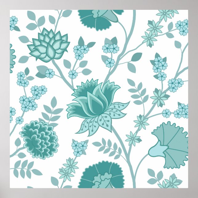 Jacobean Floral Lg Pattern Teals on White Poster (Front)