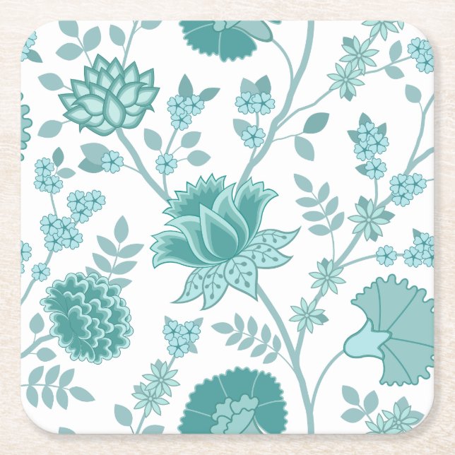 Jacobean Floral Lg Pattern Teals on White Square Paper Coaster (Front)