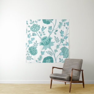 Jacobean Floral Lg Pattern Teals on White Tapestry