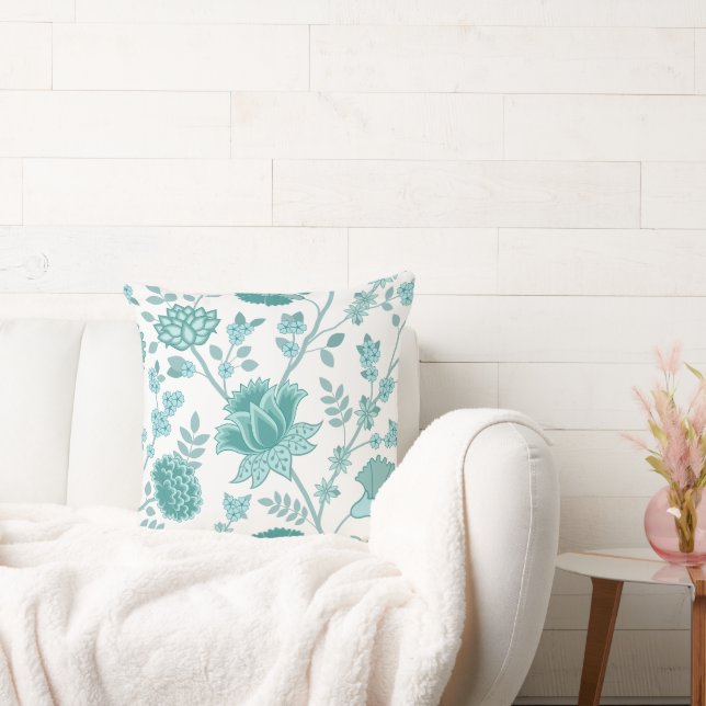 Jacobean Floral Lg Pattern Teals on White Throw Pillow (Couch)
