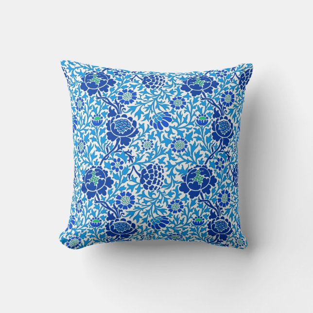 Jacobean Floral, Navy and Cerulean Blue Throw Pillow (Front)