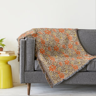 Jacobean Floral, Orange, Brown and Mustard Gold Throw Blanket