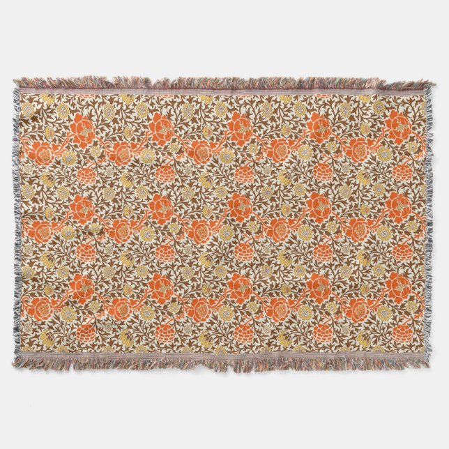 Jacobean Floral, Orange, Brown and Mustard Gold Throw Blanket (Front)