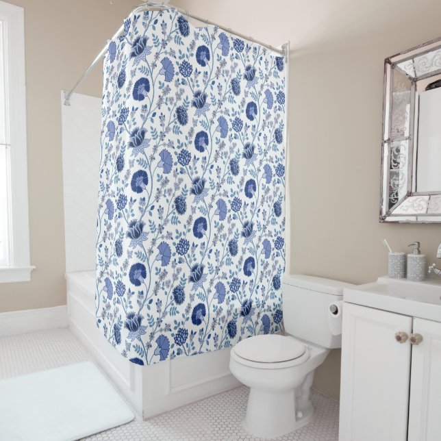 Jacobean Floral Pattern Blue on White (In Situ)