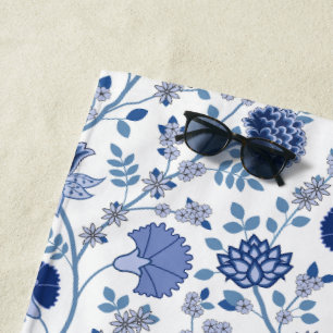 Jacobean Floral Pattern Blue on White Beach Towel