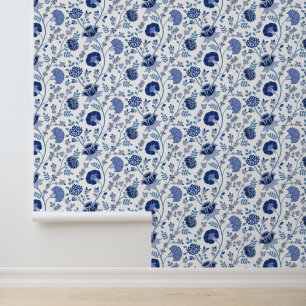 Jacobean Floral Pattern Blue on White Wallpaper