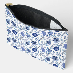 Jacobean Floral Pattern Blues on White Accessory Pouch